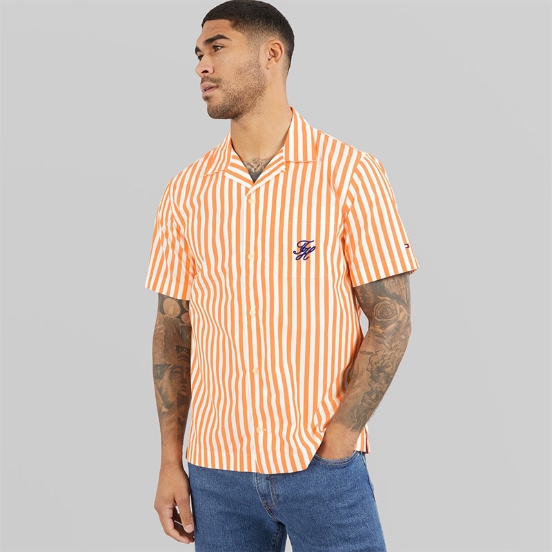 Tommy Hilfiger Mens Papertouch Pop Short Sleeve Shirt Orange Hype/Stripe - Image 5