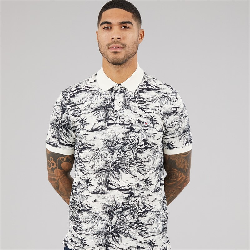 Tommy Hilfiger Mens All Over Print Linen Polo Shirt Desert Sky/Ivory Petal