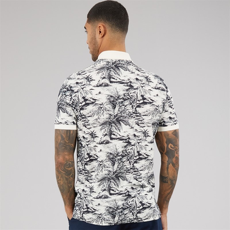 Tommy Hilfiger Mens All Over Print Linen Polo Shirt Desert Sky/Ivory Petal - Image 2