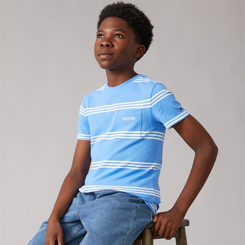 Tommy Hilfiger Boys Hilfiger Emblem T-Shirt Blue Spell Stripe