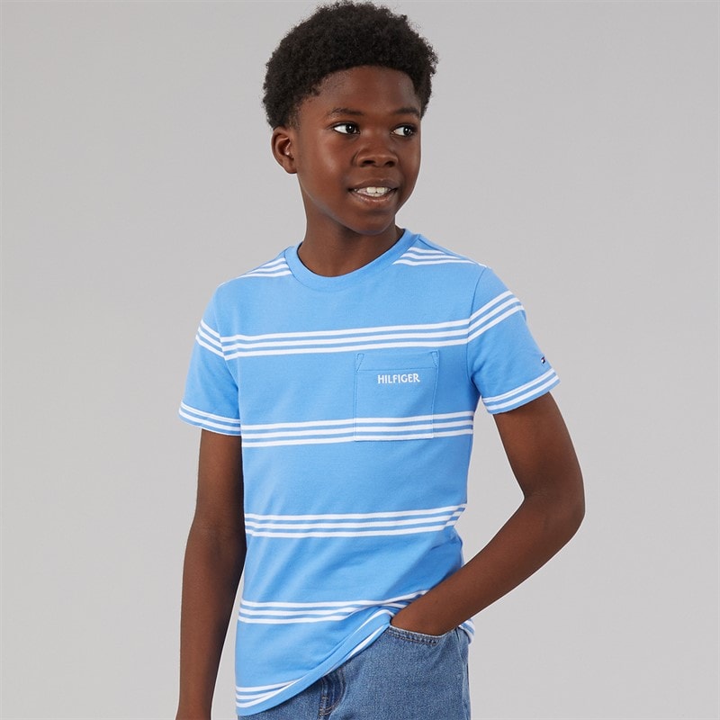 Tommy Hilfiger Boys Hilfiger Emblem T-Shirt Blue Spell Stripe - Image 3