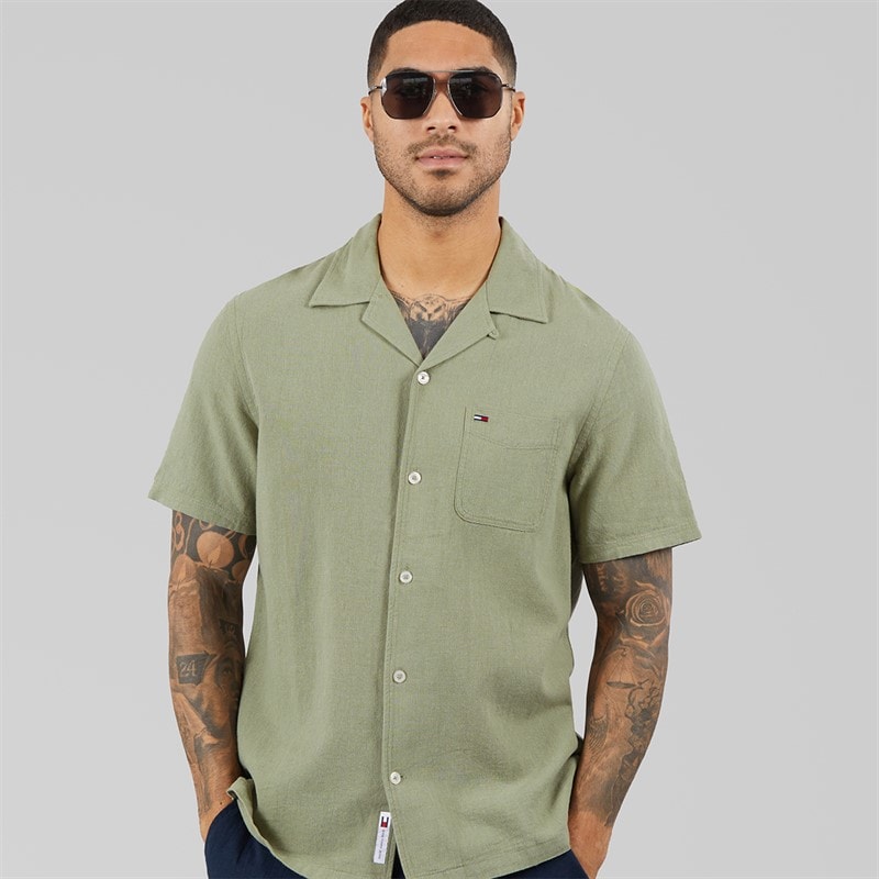 Tommy Hilfiger Mens Reg Linen Blend Short Sleeve Shirt Utility Sage - Image 1