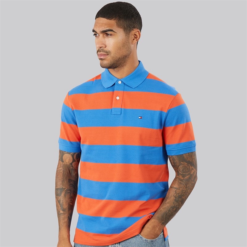 Tommy Hilfiger Mens Block Stripe Reg Polo Shirt Brilliant Orange/Blue Orbit - Image 3