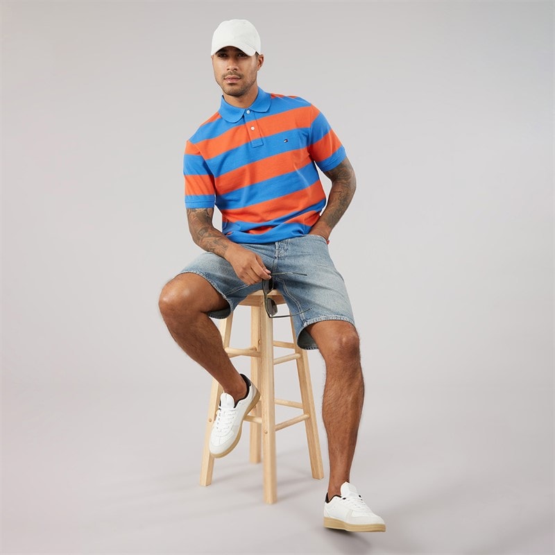 Tommy Hilfiger Mens Block Stripe Reg Polo Shirt Brilliant Orange/Blue Orbit - Image 4