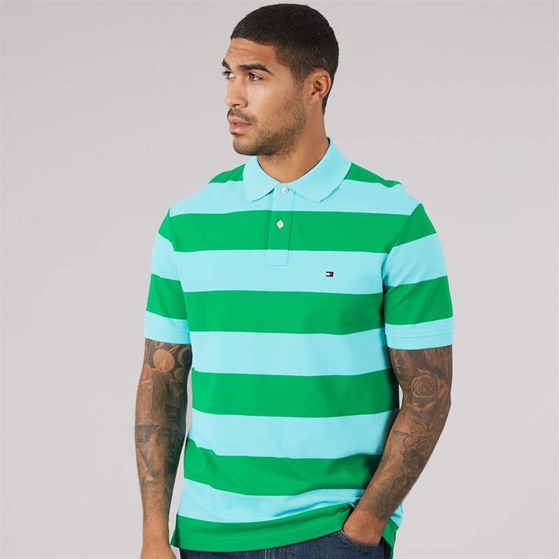 Tommy Hilfiger Mens Block Stripe Reg Polo Shirt Jade Wink/Arctic Aqua - Image 3