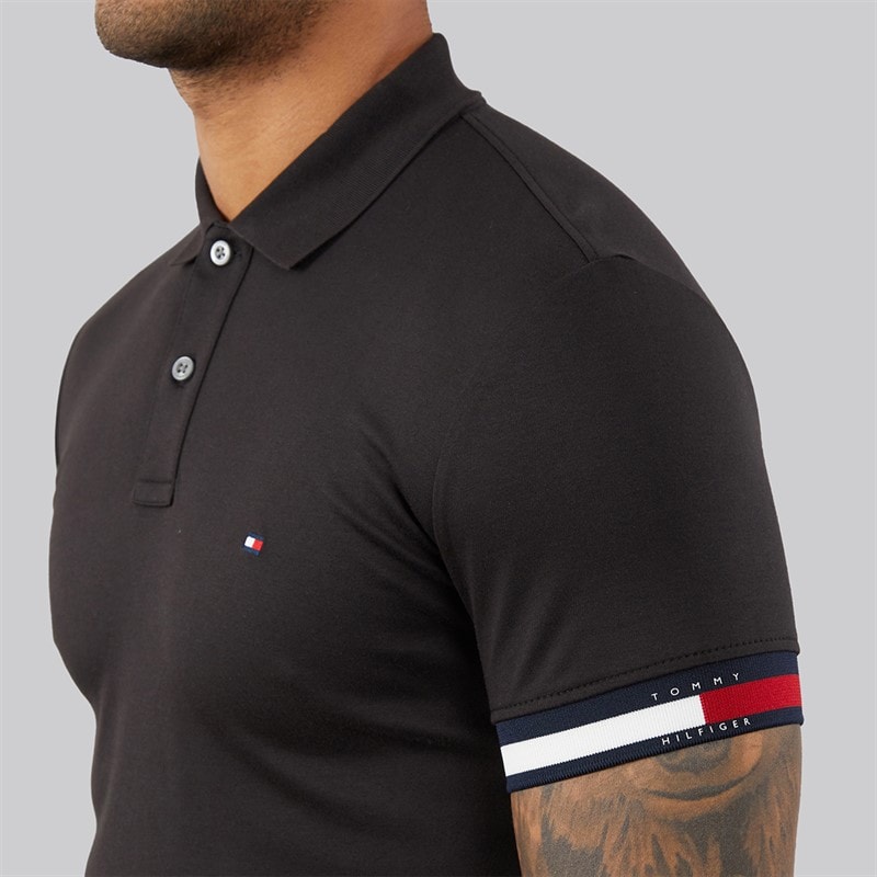 Tommy Hilfiger Mens RWB Cuff Liquid Polo Shirt Black - Image 3