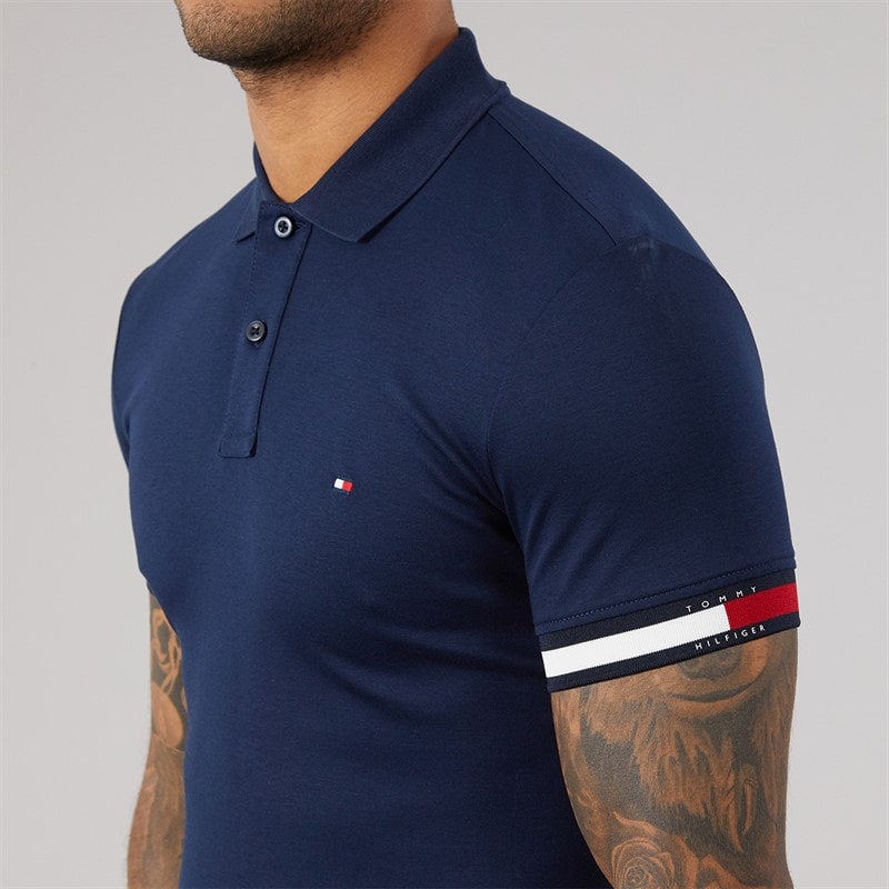 Tommy Hilfiger Mens RWB Cuff Liquid Polo Shirt Carbon Navy - Image 3