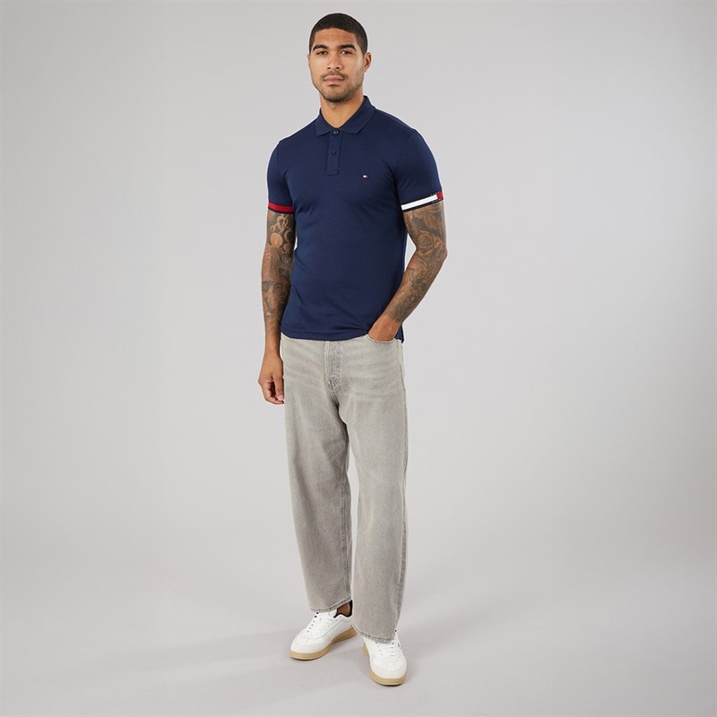 Tommy Hilfiger Mens RWB Cuff Liquid Polo Shirt Carbon Navy - Image 4