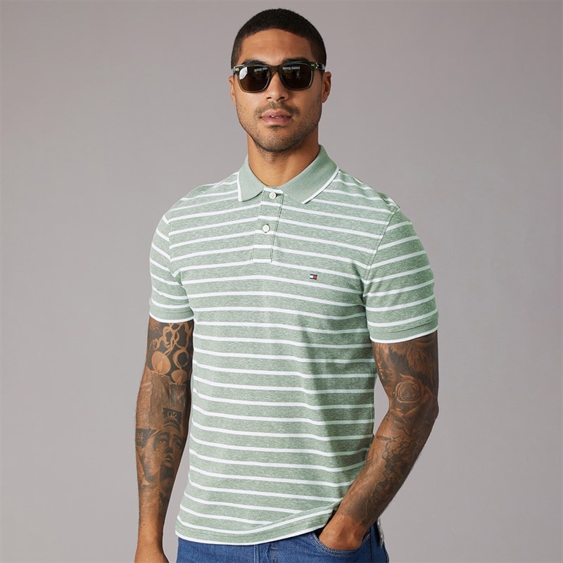 Tommy Hilfiger Mens Cotton Linen Pique Polo Shirt Dark Artichoke/White