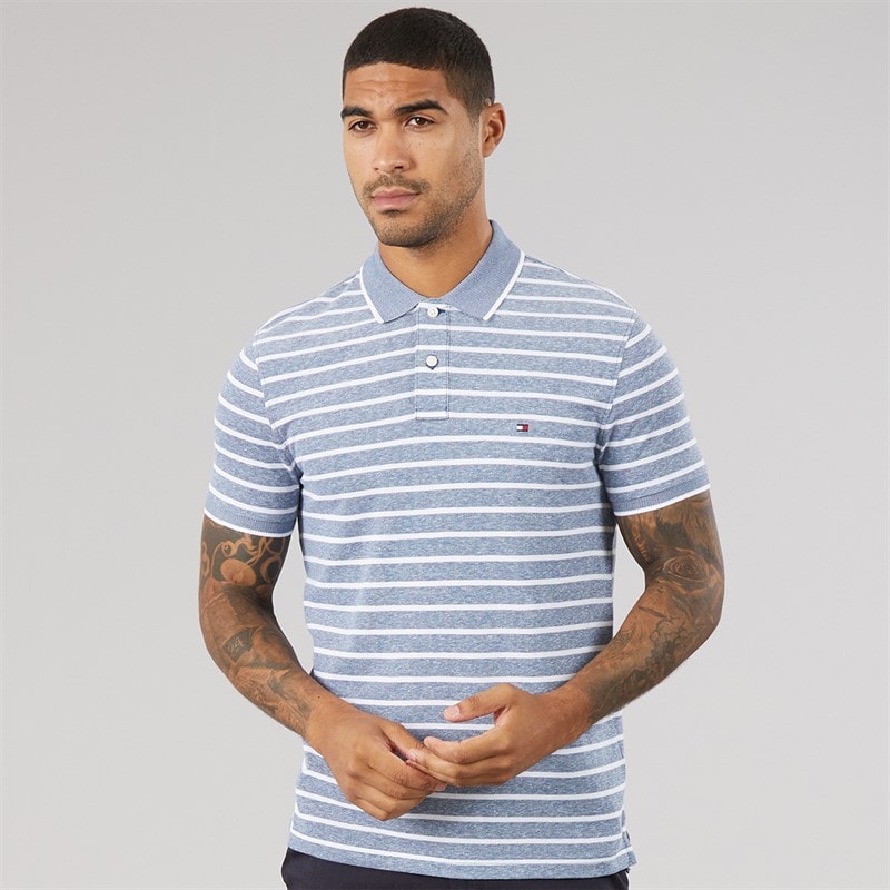 Tommy Hilfiger Mens Cotton Linen Pique Polo Shirt Blue Jean/White - Image 3