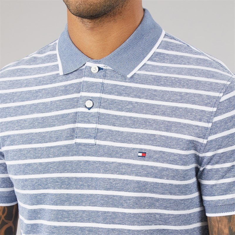 Tommy Hilfiger Mens Cotton Linen Pique Polo Shirt Blue Jean/White - Image 5
