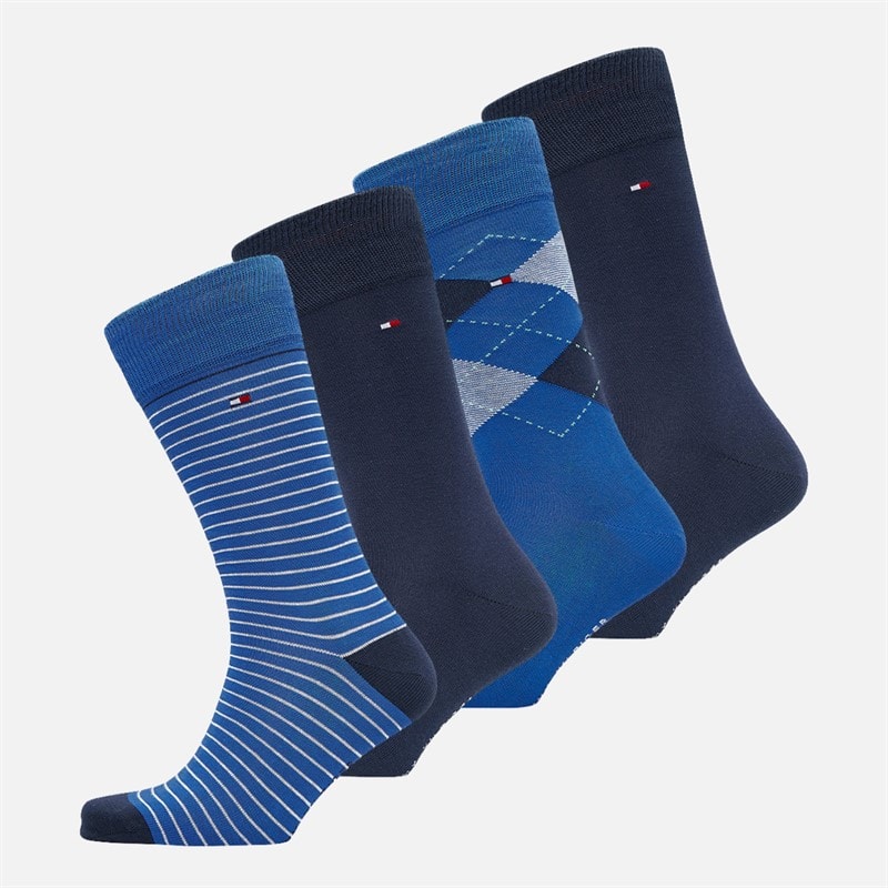 Tommy Hilfiger Mens Check Stripe Four Pack Crew Socks Blue