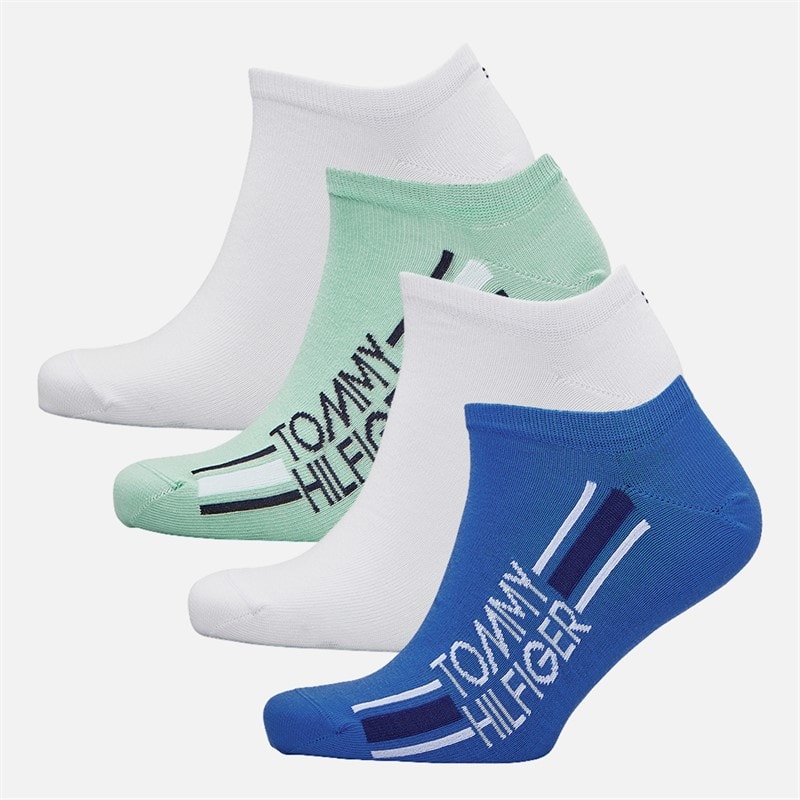 Tommy Hilfiger Mens Logo Stripe Four Pack Trainer Socks Green/Blue