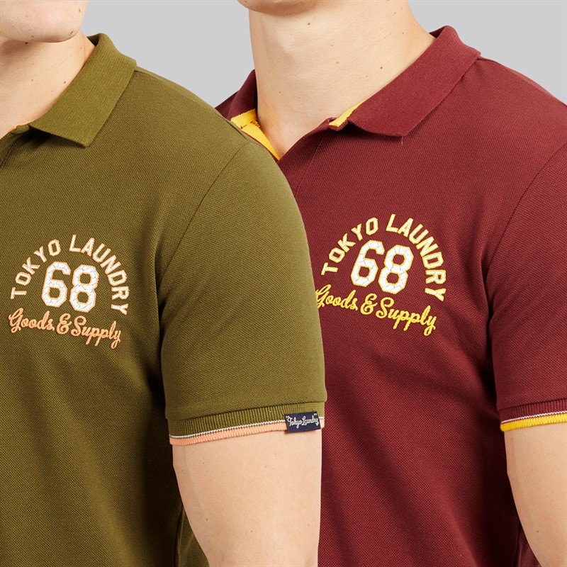 Tokyo Laundry Mens Sporty Two Pack Short Sleeve Polo Shirts Burgundy/Olive - Image 3