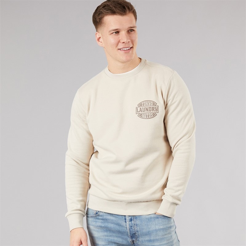 Tokyo Laundry Mens Carvalho Crew Neck Sweatshirt Stone Rainy Day - Image 2