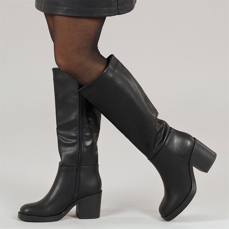 Truffle Collection Womens Munchie Square Front Knee High Boots Black PU