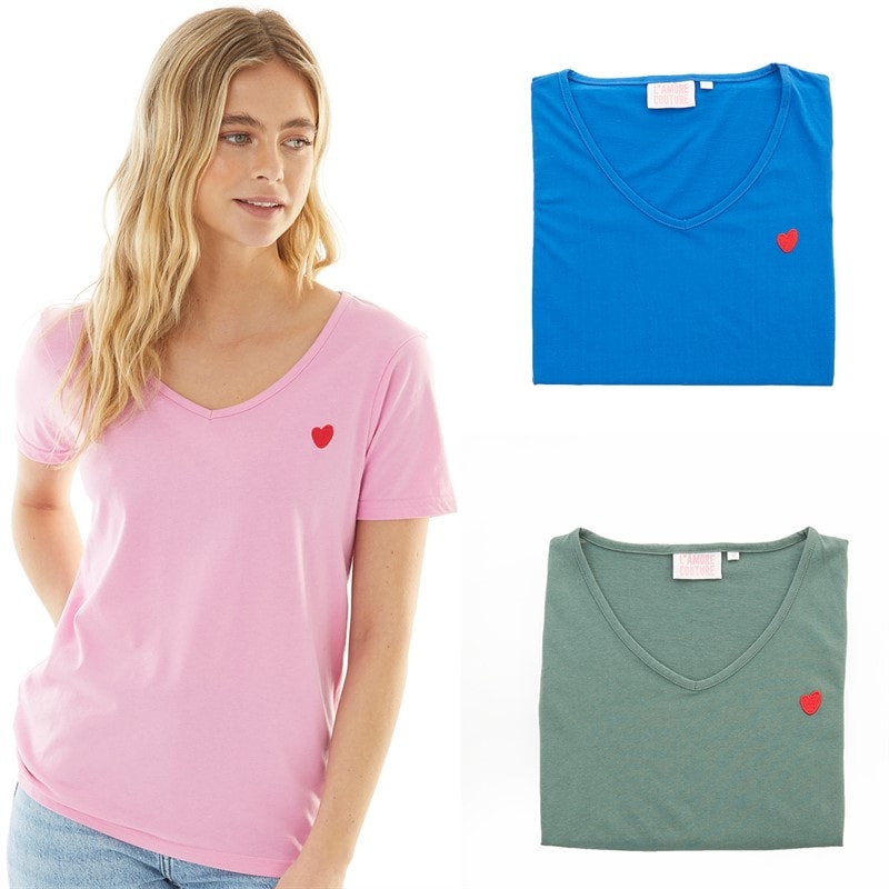 L'amore Couture Womens Tabitha Three Pack V-Neck T-Shirts Khaki/Blue/Pink