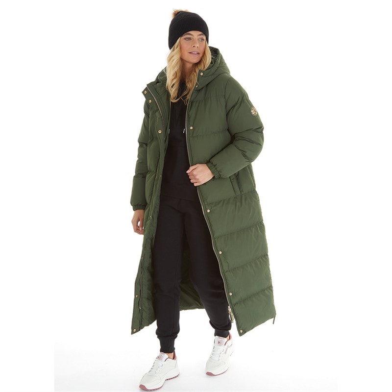 L'amore Couture Womens Cleo Maxi Puffer Hooded With Gold Trims Khaki - Image 4