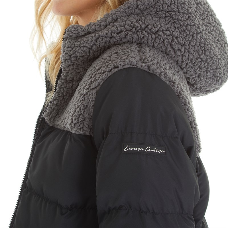 L'amore Couture Womens Jenna Puffer Coat Hooded With Borg Black - Image 3