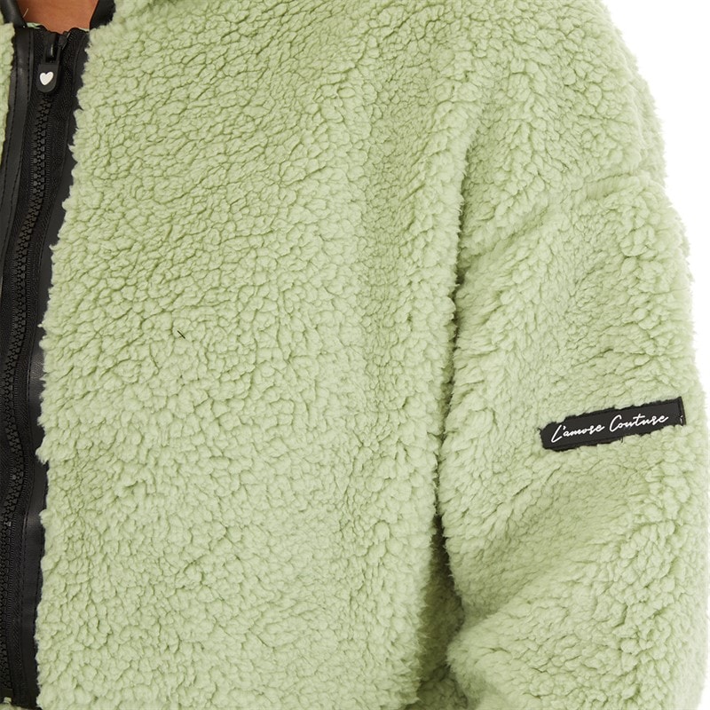 L'amore Couture Womens Talia 1/2 Zip Hooded Borg Fleece Sage - Image 3