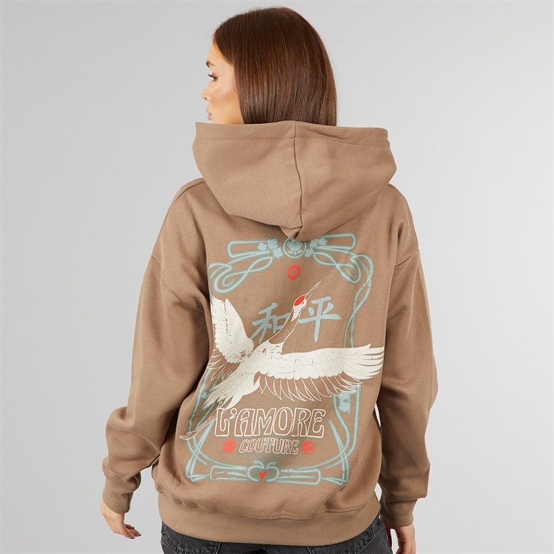 L'amore Couture Womens Stork Oversized Hoodie Brown - Image 3