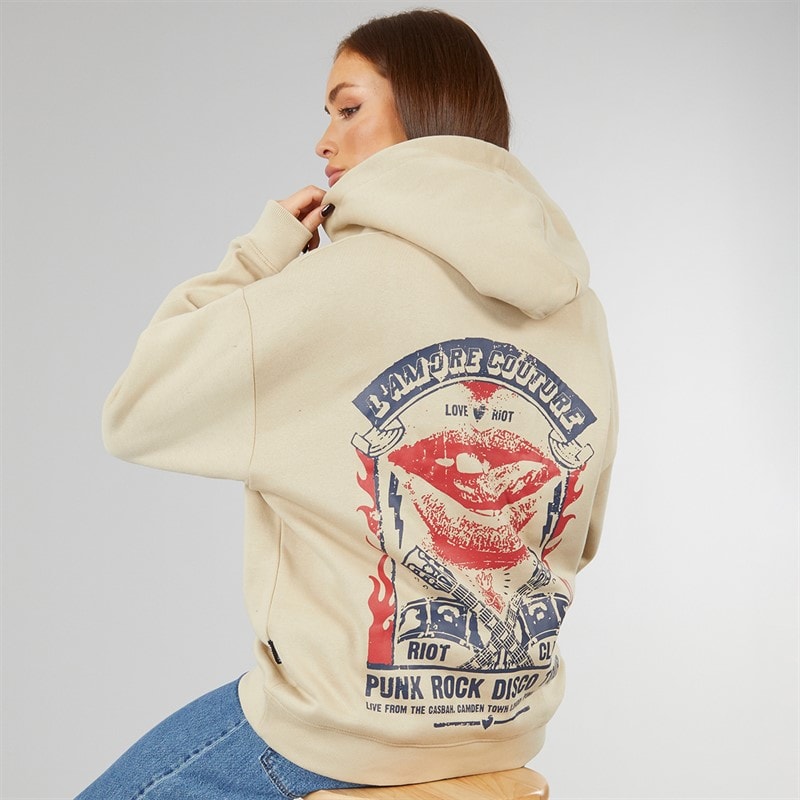 L'amore Couture Womens Punk Poster Oversized Hoodie Ecru - Image 1
