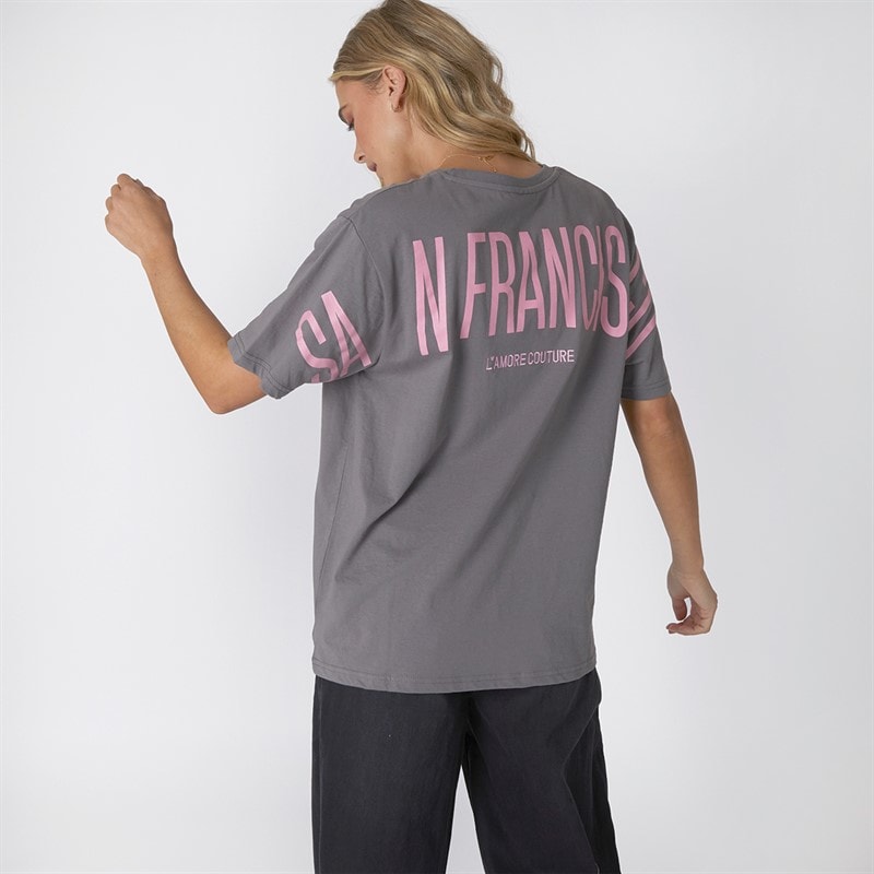 L'amore Couture Womens Como Oversized T-Shirt Charcoal/Pink - Image 4