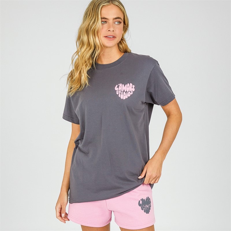 L'amore Couture Womens Lenna T-Shirt And Shorts Set Grey/Baby Pink - Image 1