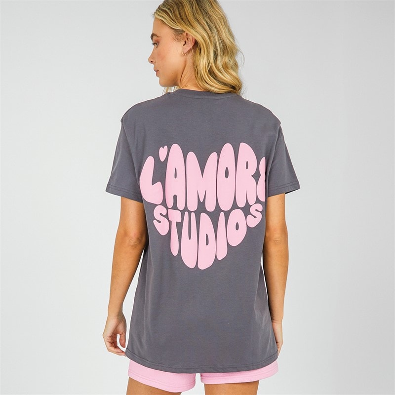 L'amore Couture Womens Lenna T-Shirt And Shorts Set Grey/Baby Pink - Image 2