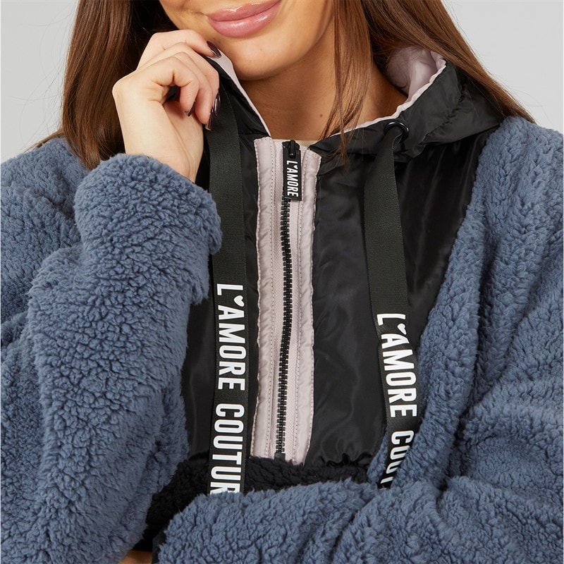 L'amore Couture Womens Midtown Hooded Borg Fleece Black/Charcoal - Image 3