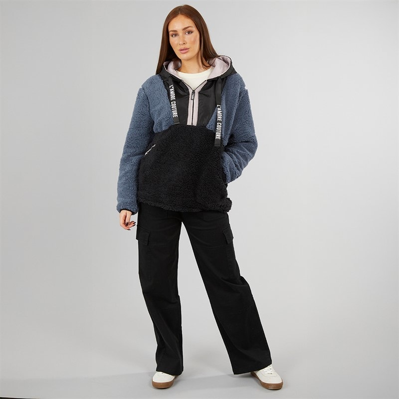 L'amore Couture Womens Midtown Hooded Borg Fleece Black/Charcoal - Image 4
