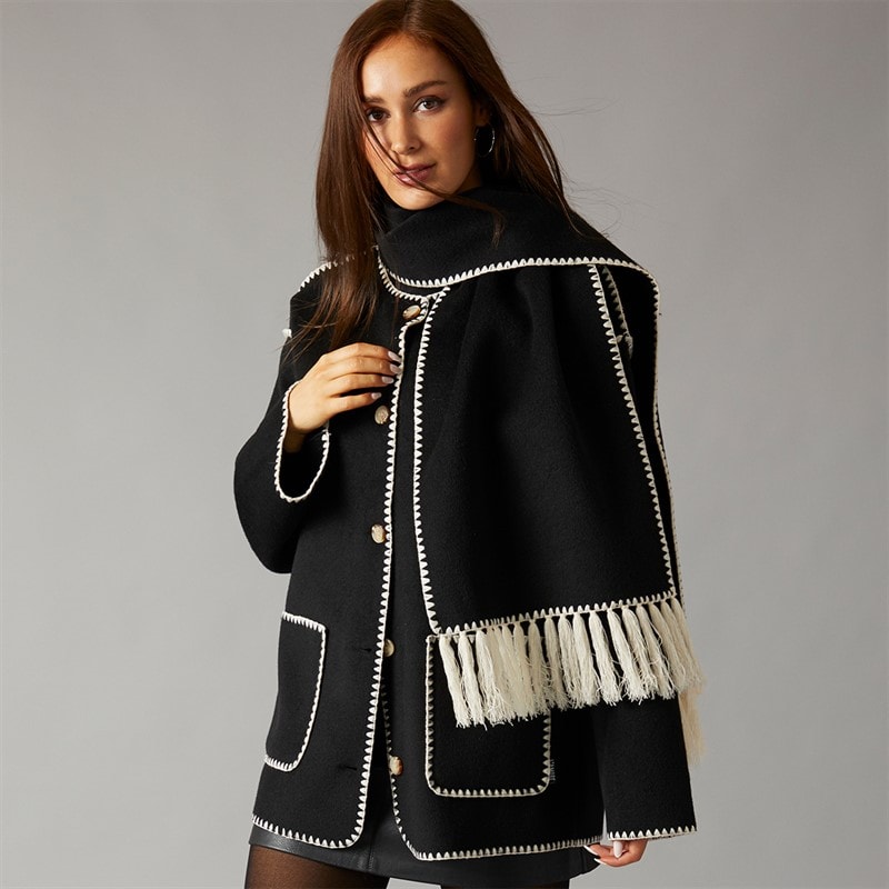 L'amore Couture Womens Miami Scarf Coat Jacket Black - Image 1