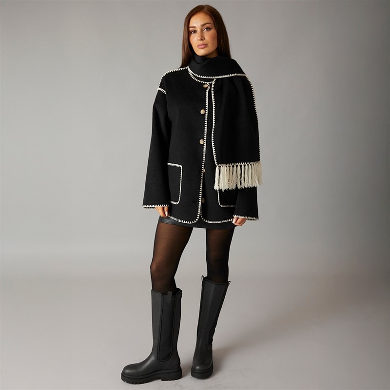 L'amore Couture Womens Miami Scarf Coat Jacket Black - Image 4