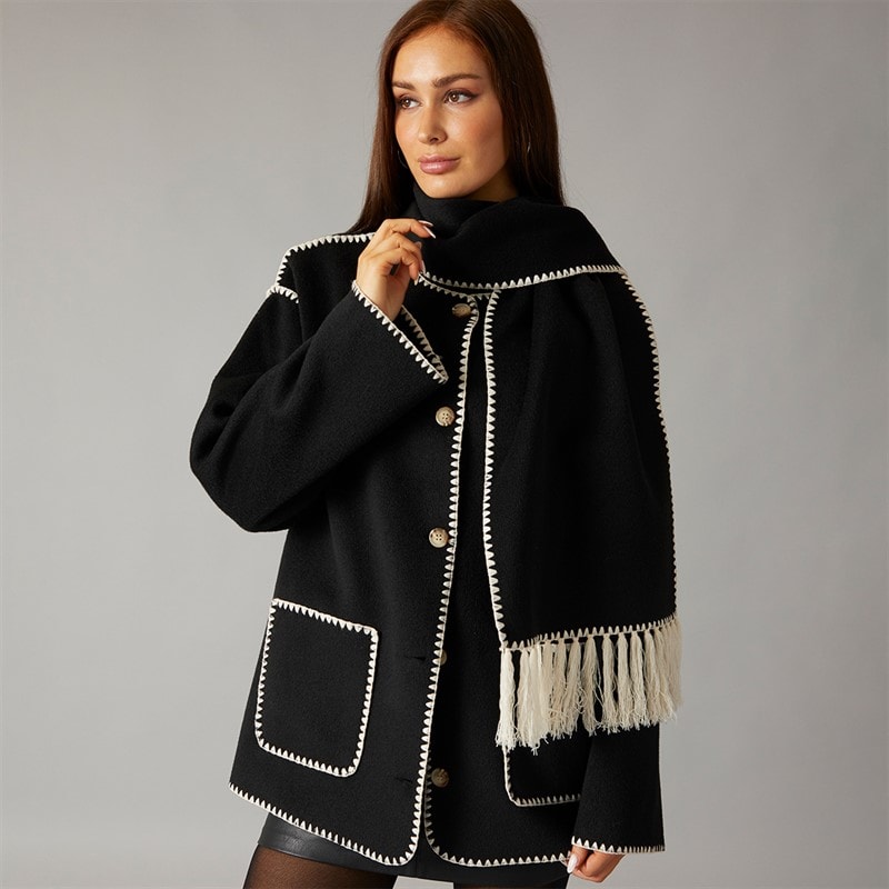 L'amore Couture Womens Miami Scarf Coat Jacket Black - Image 5