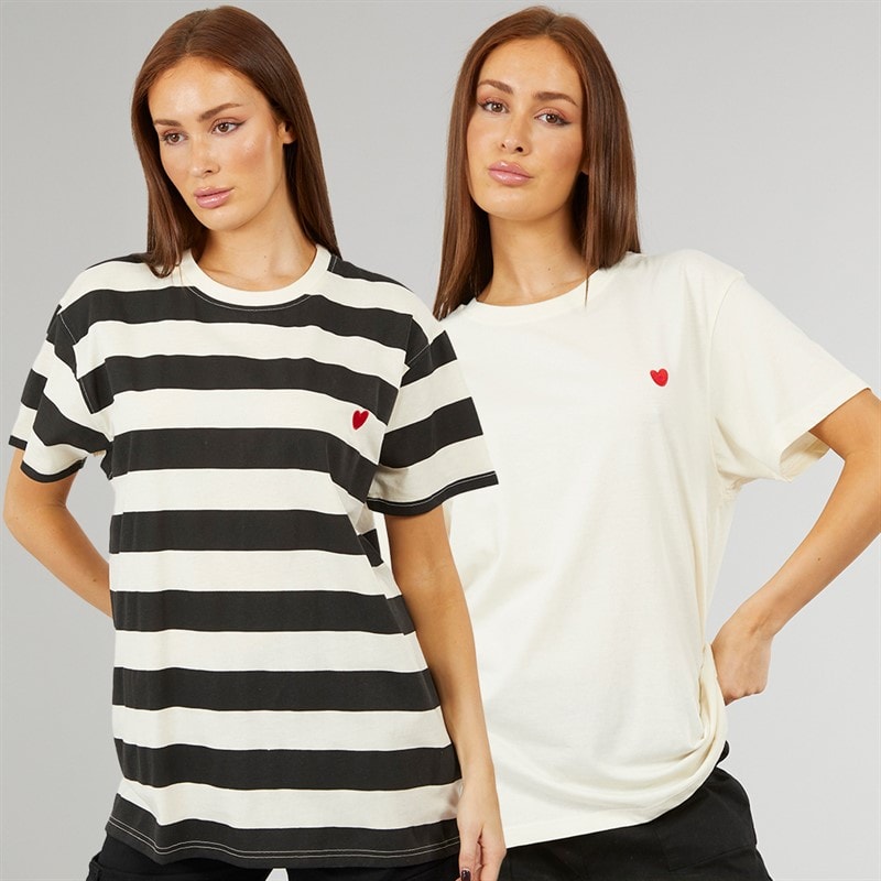 L'amore Couture Womens Tia Two Pack Oversized T-Shirts Ecru/Black Stripe - Image 1