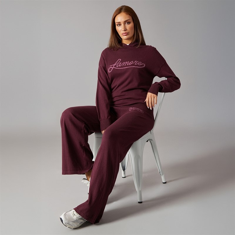 L'amore Couture Womens Santa Barbara Wide Leg Knitted Joggers Burgundy - Image 4