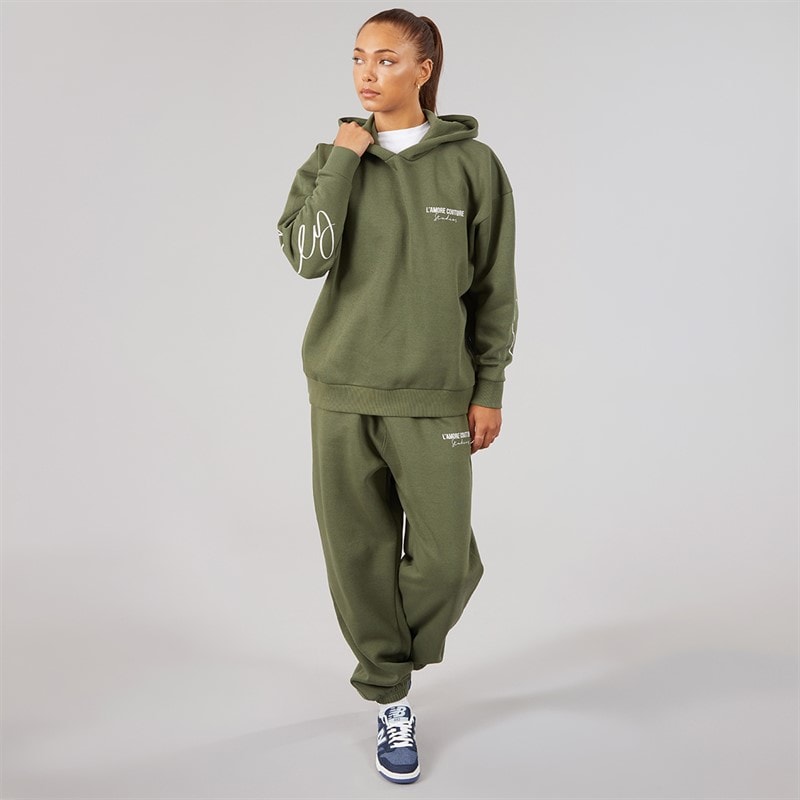 L'amore Couture Womens Good Vibes Only Hoodie And Joggers Tracksuit Khaki