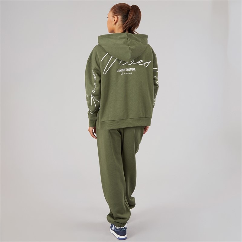 L'amore Couture Womens Good Vibes Only Hoodie And Joggers Tracksuit Khaki - Image 2