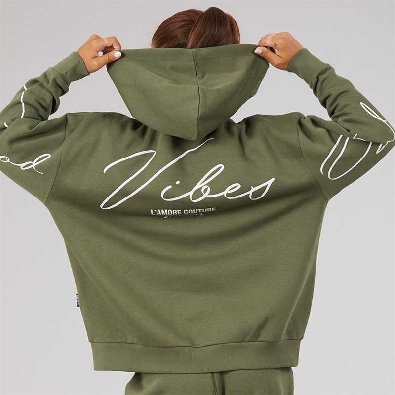 L'amore Couture Womens Good Vibes Only Hoodie And Joggers Tracksuit Khaki - Image 3