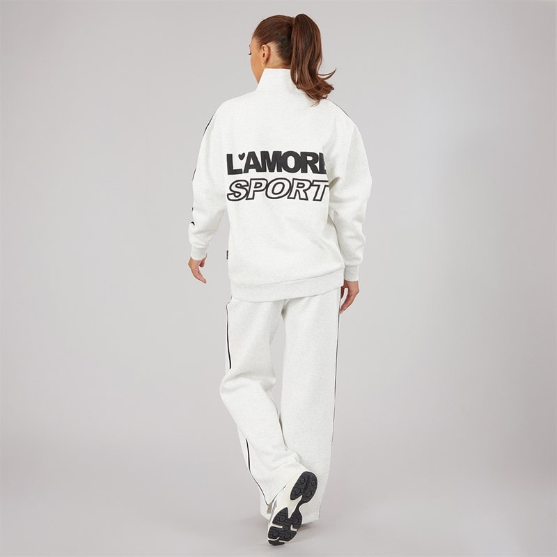 L'amore Couture Womens Sport Quarter Zip Sweatshirt And Wide Leg Joggers Tracksuit Oatmeal Marl - Image 2