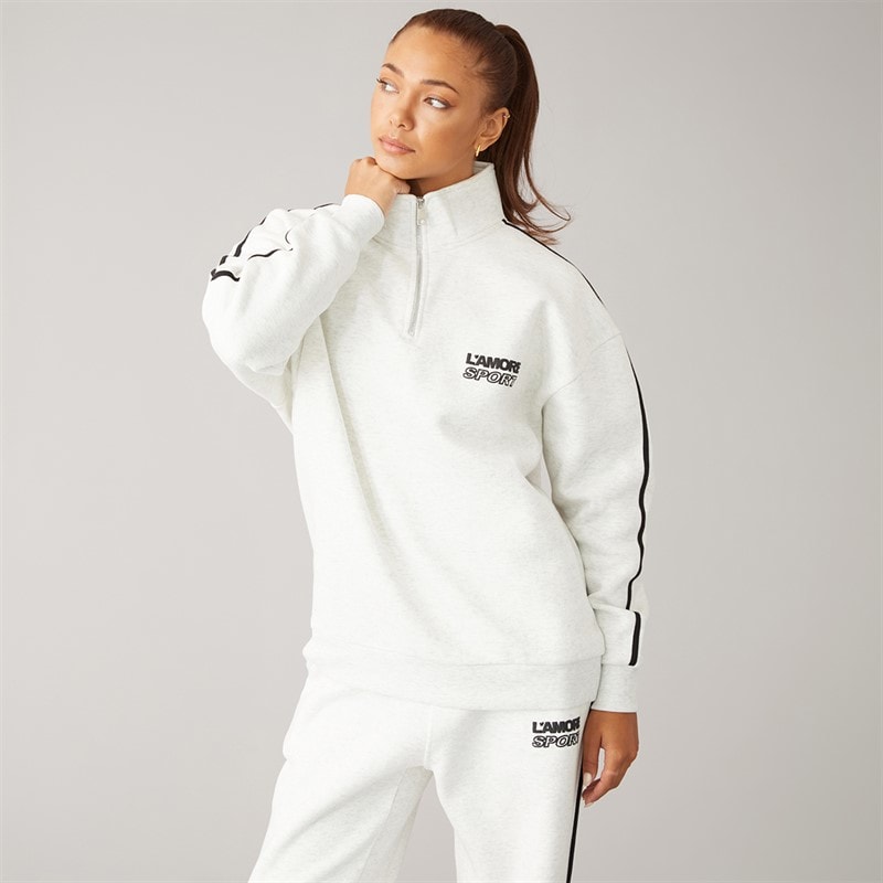 L'amore Couture Womens Sport Quarter Zip Sweatshirt And Wide Leg Joggers Tracksuit Oatmeal Marl - Image 3