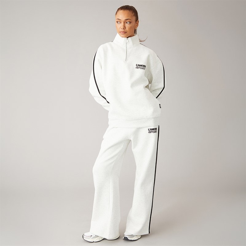 L'amore Couture Womens Sport Quarter Zip Sweatshirt And Wide Leg Joggers Tracksuit Oatmeal Marl - Image 4
