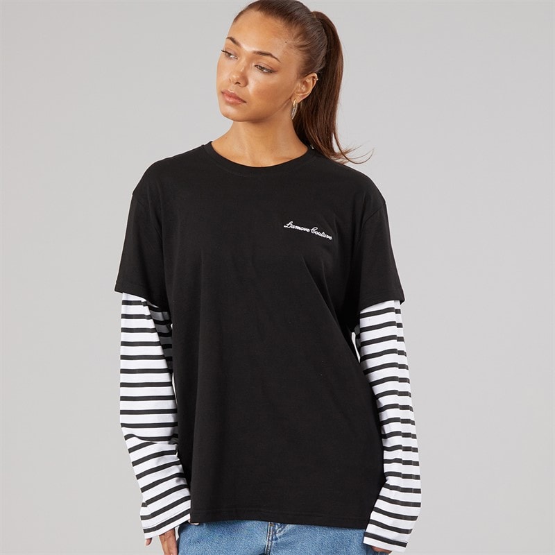 L'amore Couture Womens Cali 2-In-1 Long Sleeve T-Shirt Black