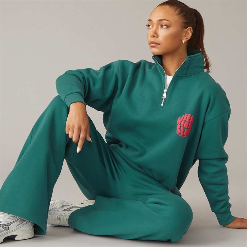 L'amore Couture Womens Lumi Quarter Zip Sweatshirt And Wide Leg Joggers Tracksuit Dark Green