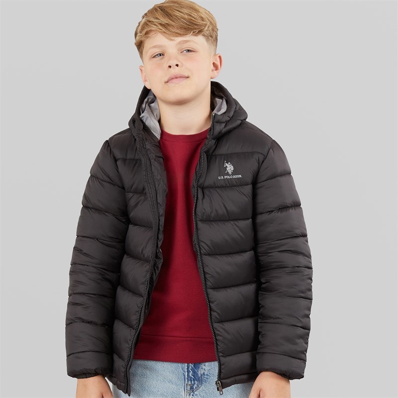 U.S. POLO ASSN. Boys Hooded Quilted Jacket Black