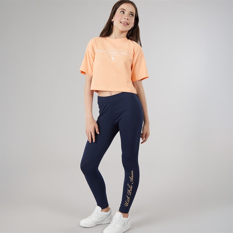 U.S. POLO ASSN. Girls Script Boxy Fit T-Shirt And Leggings Set Peach Nectar