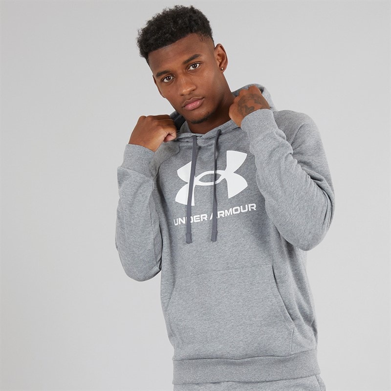 Under Armour Mens UA Rival Fleece Logo Hoodie Castlerock Light Hearther/White - Image 1