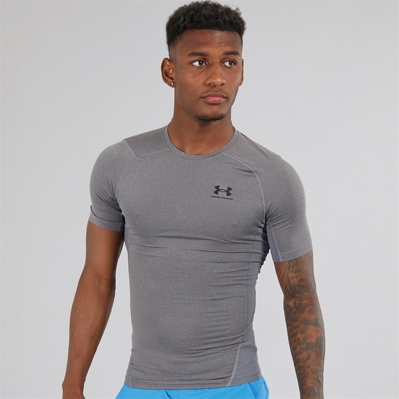 Under Armour Mens UA HG Heat Gear Armour Compression Short Sleeve Top Carbon Heather/Black - Image 1