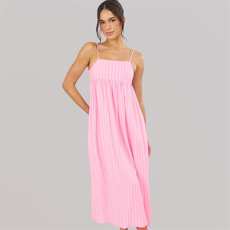 JJXX Womens Linen Blend Stripe Maxi Dress Pink Lady