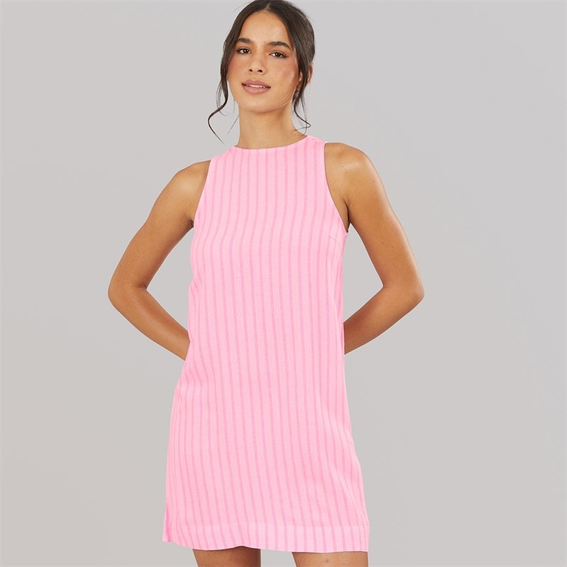 JJXX Womens Linen Blend Stripe Mini Dress Pink Lady